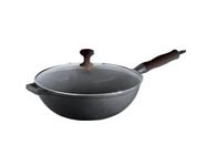 Panela Wok Ferro Fundido Tampa Vidro Preta 28cm