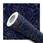 Papel de Parede Adesivo Azul Marinho Floral Rose Gold Lineart Moderno Quarto Sala de Estar