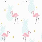 Papel De Parede Adesivo Lavável Flamingo E Abacaxi Rosa Azul Delicado Menina Quarto Sala - Jacaré Brinquedos