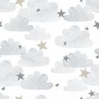 Papel De Parede Adesivo Lavável Infantil Nuvens Com Estrelas Cinza Bebê Maternidade