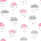 Papel de Parede Vinílico Autoadesivo Lavável Chuva de Amor Nuvem Ilustração Aquarela Infantil Bebê Decoração Moderna Quarto