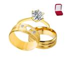 Par Aliança Ouro 18K 6mm áspera Coração Anatômica + Caixinha - Anel Solitário Zircônia Casamento Compromisso