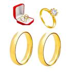 Par Alianças Casamento 3mm + Anel solitário Banhado Ouro 18k Zirconia Branca Pedra Luxo Noivado Compromisso Luxo Acompanha Porta Joias