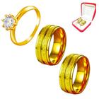 Par Alianças Casamento Banhada Ouro 18k 6mm + Anel Solitário 2mm Ouro 18k Riscos Brilho Friso Noivado Luxo Casal