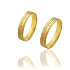 Par de Alianças de Casamento Afrodite Ouro 18k Diamantado com Friso e Brilhante 4 mm 4g