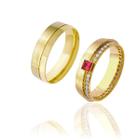 Par de Alianças de Casamento Afrodite Ouro 18k Diamantado Cravejado com Zirconias e Rubi 6mm 6g