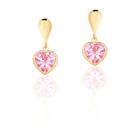 Par De Brincos De Coração Pedra 6mm Ouro 18k 750 Pingente Rosa