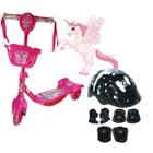 Patinete Infantil 3 Rodas Unicornio Com Cestae Kit Capacete