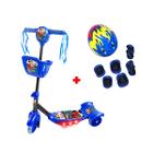 Patinete Infantil Azul Cesta Corrida + Capacete Kit Proteção - Dm Toys