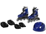 Patins In-line Ajustável Azul 34 Ao 37 + Kit Proteção Fênix