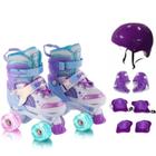Patins Infantil 4 Rodas ARCO IRIS Com Led Com Kit Proteção Menina Menino