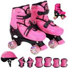 Patins Infantil com LED nas 4 Rodas Quad Roller Feminino Menina Rosa C/ Proteção Tam Ajustável 30-33