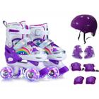 Patins Infantil De 4 Rodas Roxo arco-iris Com Led Patins Menina Criança Com Proteção