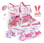 Patins Infantil Morango Quad Ajustável + Rodas Em Led