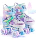 Patins Infantil Sereia Ajustável + Kit Proteção Rodas Em Led