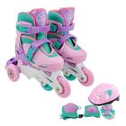 Patins Roller Infantil Rosa Ajustavel 32-35 c/ Kit Proteção  