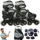 Patins Triline Inline Roller Com Kit Proteção Completo Infantil Ajustavel Tam 32 ao 35 Quad Preto