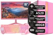 PC Gamer Completo Rosa Ryzen 5 4600G 16 GB 480 GB Vega 7 + Monitor Rosa + Kit Gamer Rosa