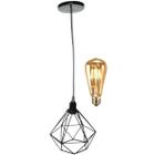 Pendente Aramado Diamante Luminária Lustre Retrô Balcão Preto + Lâmpada Led ST64 Vintage Teto