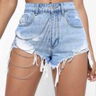 Perfil de Luxo Short Jeans Feminino Barra Desfiada Com Correntes Prata Básica Glamour Luxo
