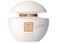 Frasco de perfume Eudora Golden Feminino de 75ml com tampa branca arredondada e detalhes dourados