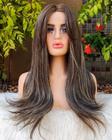 Peruca front lace castanho luzes franjão lisa longa repicada