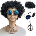 Peruca Hippie Afro Retrô colar e óculos festa anos 50 60 70