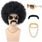 Peruca Morvally 70s Afro Black para homens com óculos, corrente e bigode