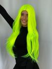 Peruca verde neon amarela lisa com divisão ao meio 70cm