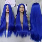 Peruca wig azul ondulada lisa azul claro curta longa franja