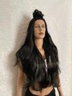 Peruca wig castanho escuro ondulada 80cm fibra premium para o dia