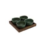 Petisqueira em madeira e ceramica verde com 4 bowls - BTC