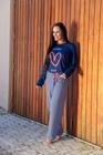 Pijama Feminino com Manga Longa, Silk e Calça Reta Estampada em Malha PV com Elástico na Cintura