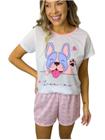 Pijama Feminino de Manga Curta Adulto Baby Doll Roupa De Dormir Shorts Estampado Poliéster