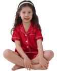 Pijama Infantil Americano Unissex Cetim de Seda com Elastano Short e Camisa Manga Curta botões e Bolso - Vermelho