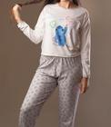 Pijama inverno calça e blusa manga longa estampado feminino moda básica