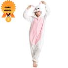 Pijama Macacão Kigurumi Adulto Coelho Oficial Branco Com Rosa - Mundo Das Fantasias