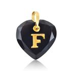 Pingente Coração Cristal Preto com Letra "F " em Ouro 18K