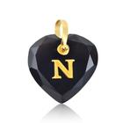 Pingente Coração Cristal Preto com Letra "N " em Ouro 18K