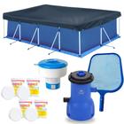 Piscina 5000 L + Capa, Forro + Filtro 220v 3028 L/H Bel + Clorador + Peneira + Pastilha de Cloro Kit