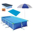 Piscina 6200 Litros + Capa + Forro + Guarda Sol Azul e Branco 1,50m Kit