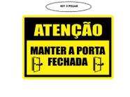 Placa de Sinalização Atenção Porta Fechada Kit 3 Un. 14X20cm Mdf Adesivado