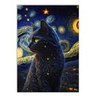Placa Decorativa A3 Gato Preto Ilustração Van Gogh Noite Estrelada