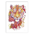 Placa Decorativa A4 Ilustração Tigre Colorido Flores Animais