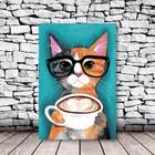 Placa Decorativa Gato de Óculos tomando Café