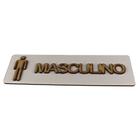 Placa Sinalização Banheiro Aviso Masculino Feita De Madeira MDF Cor Branca Em Relevo Natural