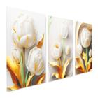 Placas Decorativas Tulipa Branca e Dourada Flores de Ouro 3 Peças