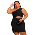 PLUS SIZE Vestido uma manga curto preto com abertura lateral