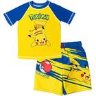 Pokemon Pikachu Big Boys Raglan Pullover Swim Rash Guard Swim Trunks Yellow/Navy 10-12