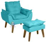 Poltrona/Cadeira Decorativa E Puff Glamour Azul Turquesa Com Pés Quadrado